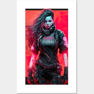 Cyberpunk Girl On Red Neon Background Posters and Art